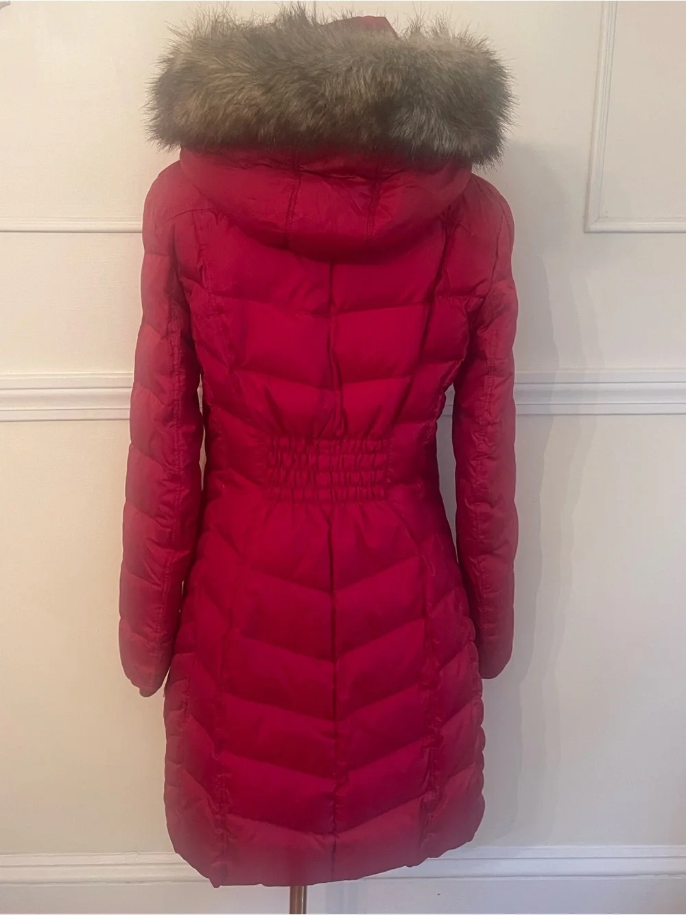 Michael Kors Red Long Quilted Puffer Coat with Faux Fur Hood